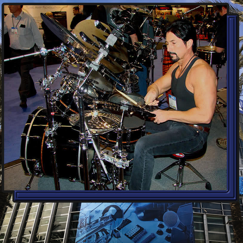 Michael Scott Calhoun working at the NAMM show, playing drums at the Spaun drum exhibit, in Anaheim, California.