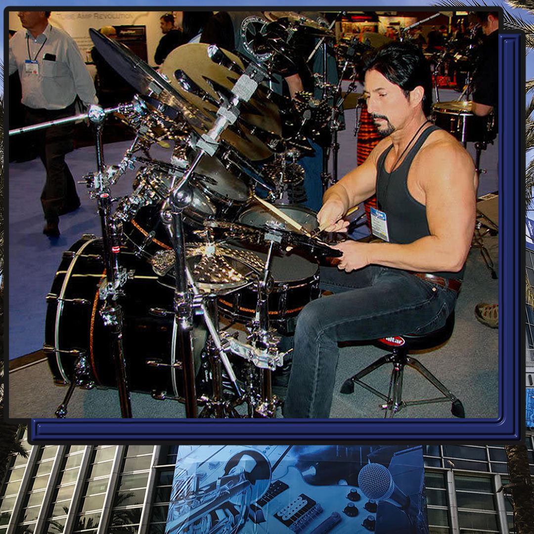 Michael Scott Calhoun working at the NAMM show, playing drums at the Spaun drum exhibit, in Anaheim, California.